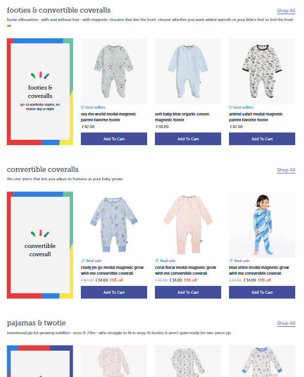 Magnetic Me's live collection page, showing descriptive copy and organized product groupings above the grid