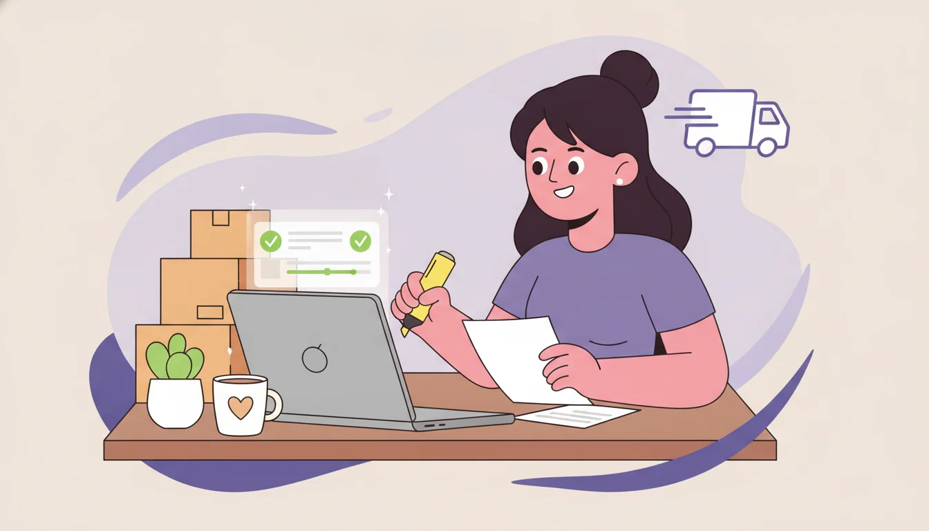 Shopify merchant at a laptop reviewing an SEO automation dashboard while checking a printed page by hand